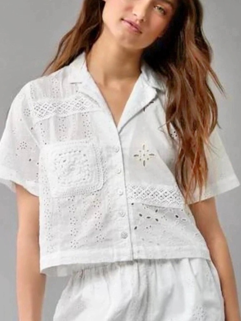 American Eagle Cropped White Eyelet Crochet Pocket Button-Up Shirt - Picture 2 of 6